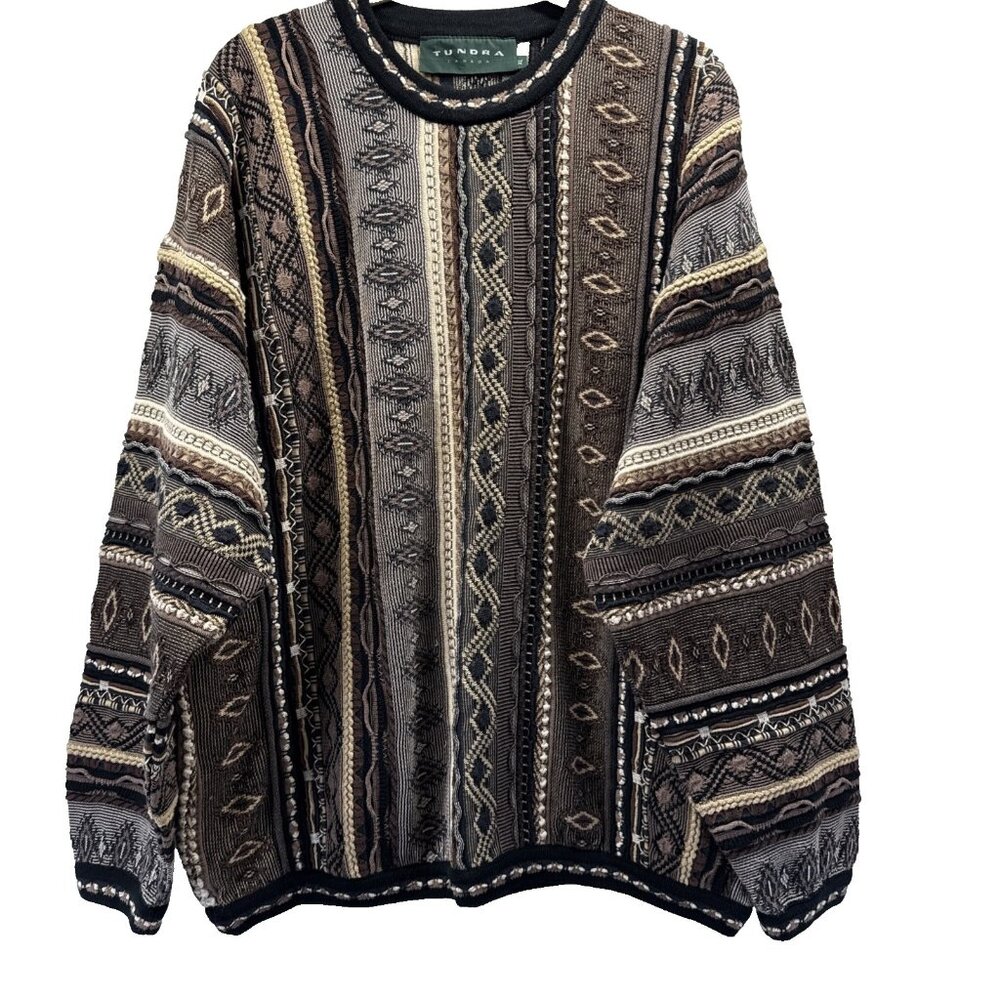 Vtg 90s Cosby Coogi Style 3D‎ Knit XL Brown Pullover Grandpa Sweater Canada Y2K